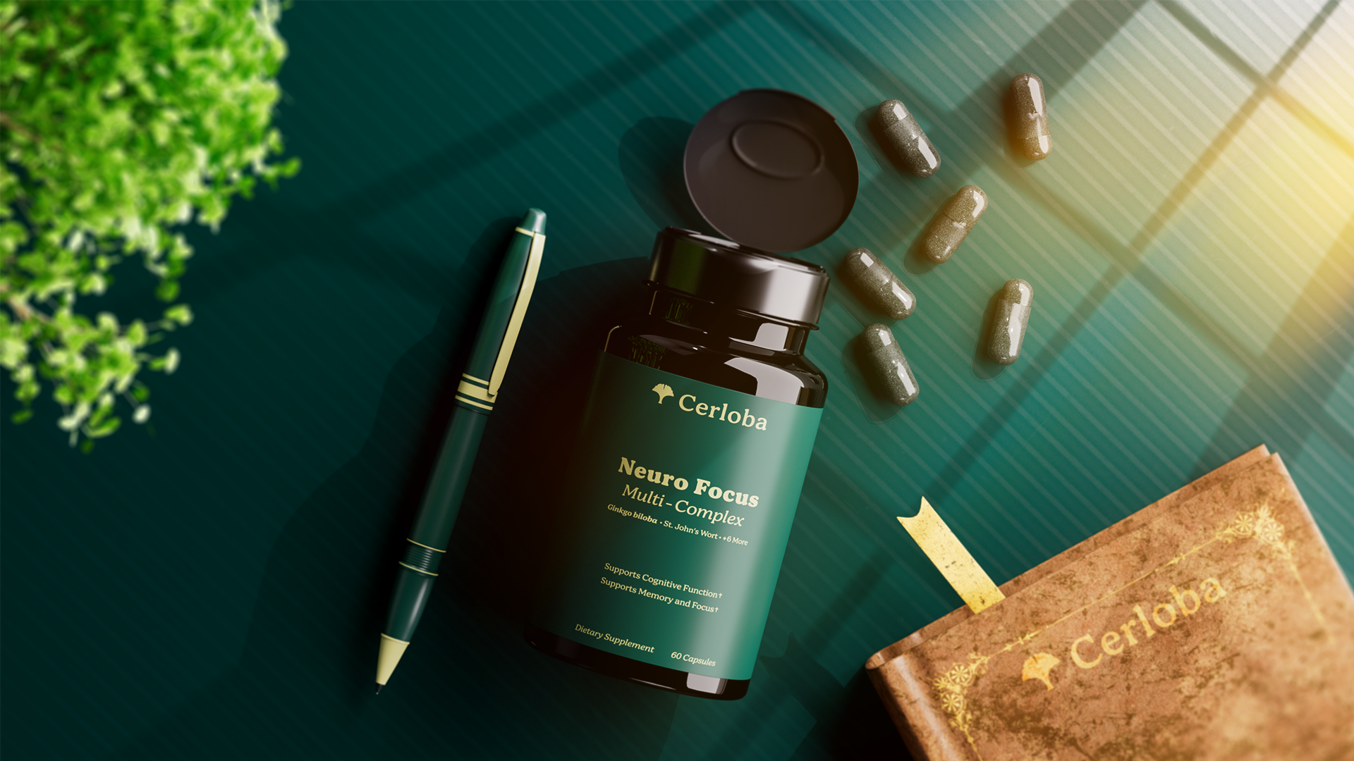 Cerloba supplement label design in deep green and gold
