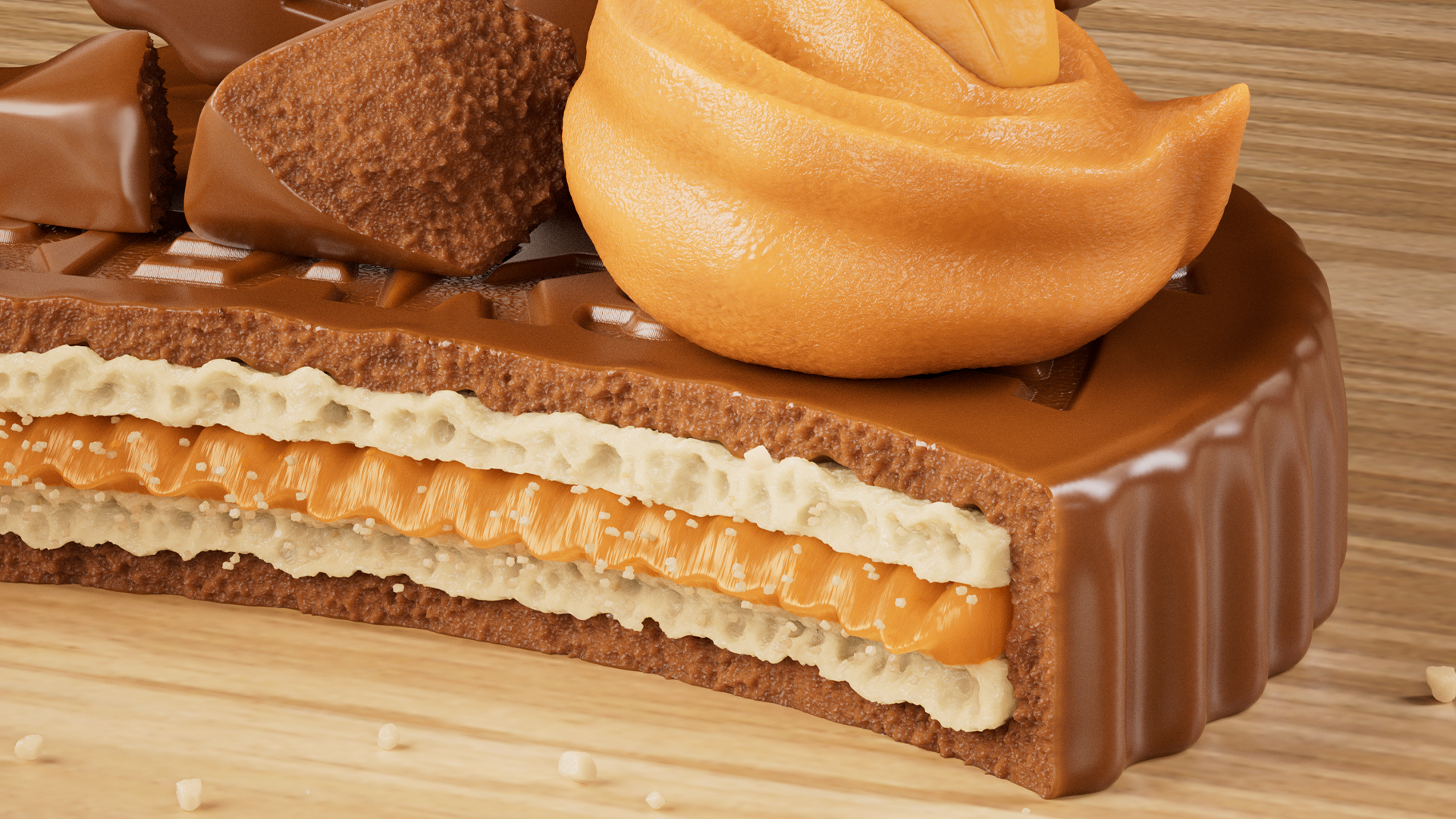 Breaksta chocolate biscuit cross-section with caramel and peanut butter filling